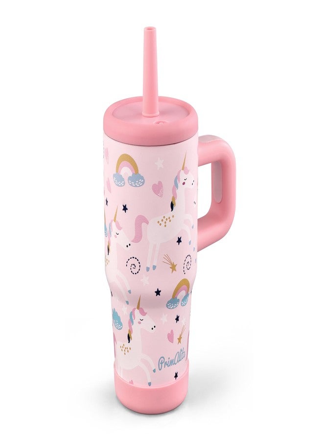 Primalite 450ML KIDS Stainless Steel Insulated Tumbler with Handle & Silicone Straw Lid | Double-Wall Vacuum, Silicone Base, Vent Hole | Spill-Proof Travel Mug Cup Sipper Water Bottle-Unicorn Rainbows - Image 2